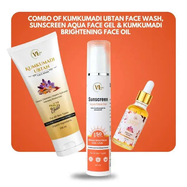 COMBO OF KUMKUMADI UBTAN FACE WASH, SUNSCREEN AQUA FACE GEL & KUMKUMADI BRIGHTENING FACE OIL Vlarc