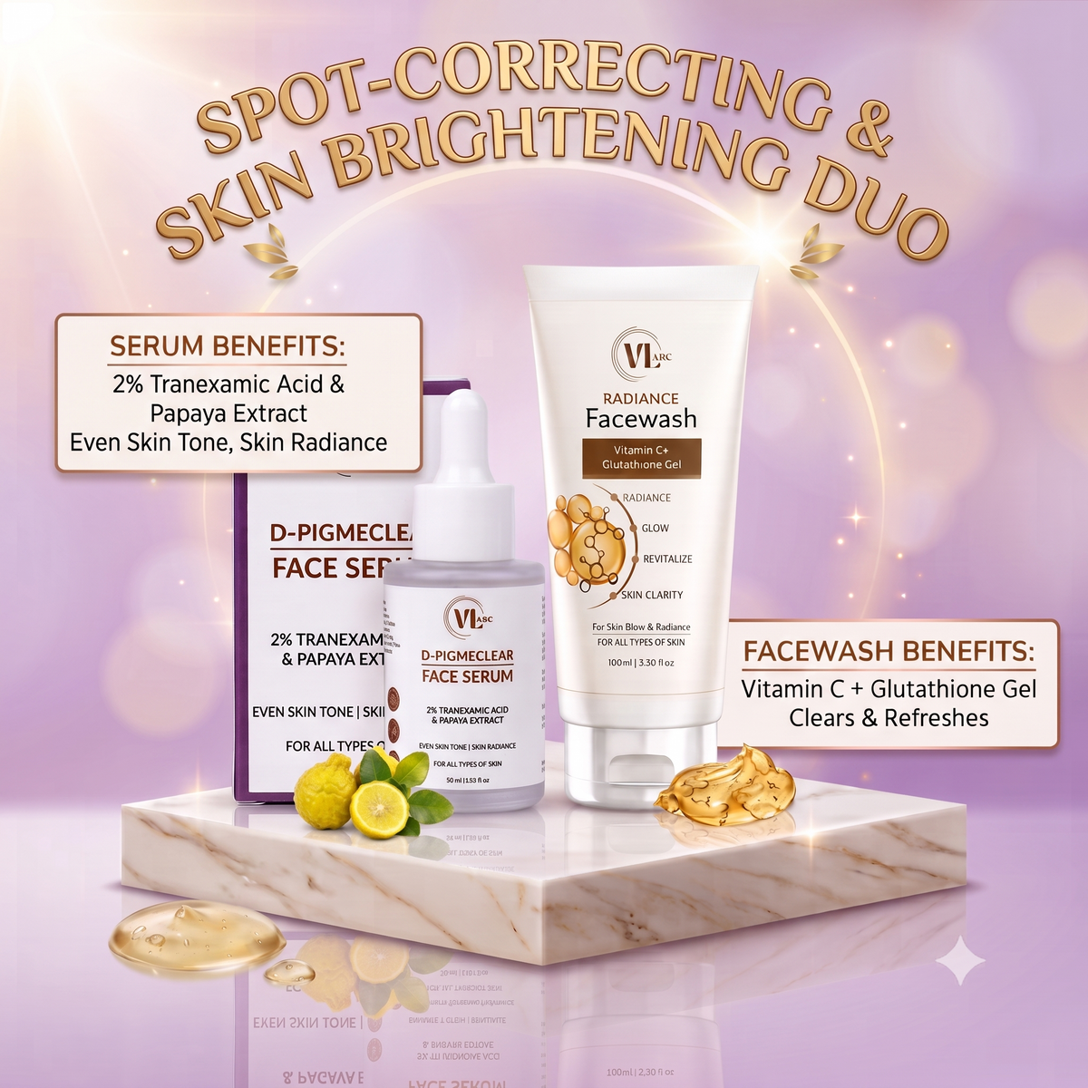 VLARC Spot-Correcting & Skin Brightening Duo – Radiance Facewash (100ml) & D-Pigmeclear Face Serum (30ml) for Dark Spots & Glowing Skin