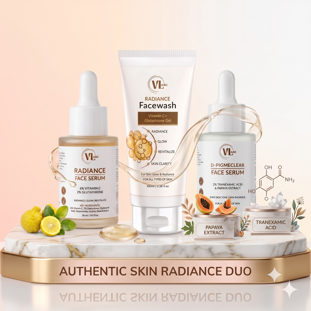 VLARC Authentic Skin Radiance Trio – Radiance Facewash (100ml) + 6% Vitamin C & 2% Glutathione Radiance Serum (30ml) + 2% Tranexamic Acid D-Pigmeclear Serum (30ml) for Dark Spots, Pigmentation & Glowing Skin
