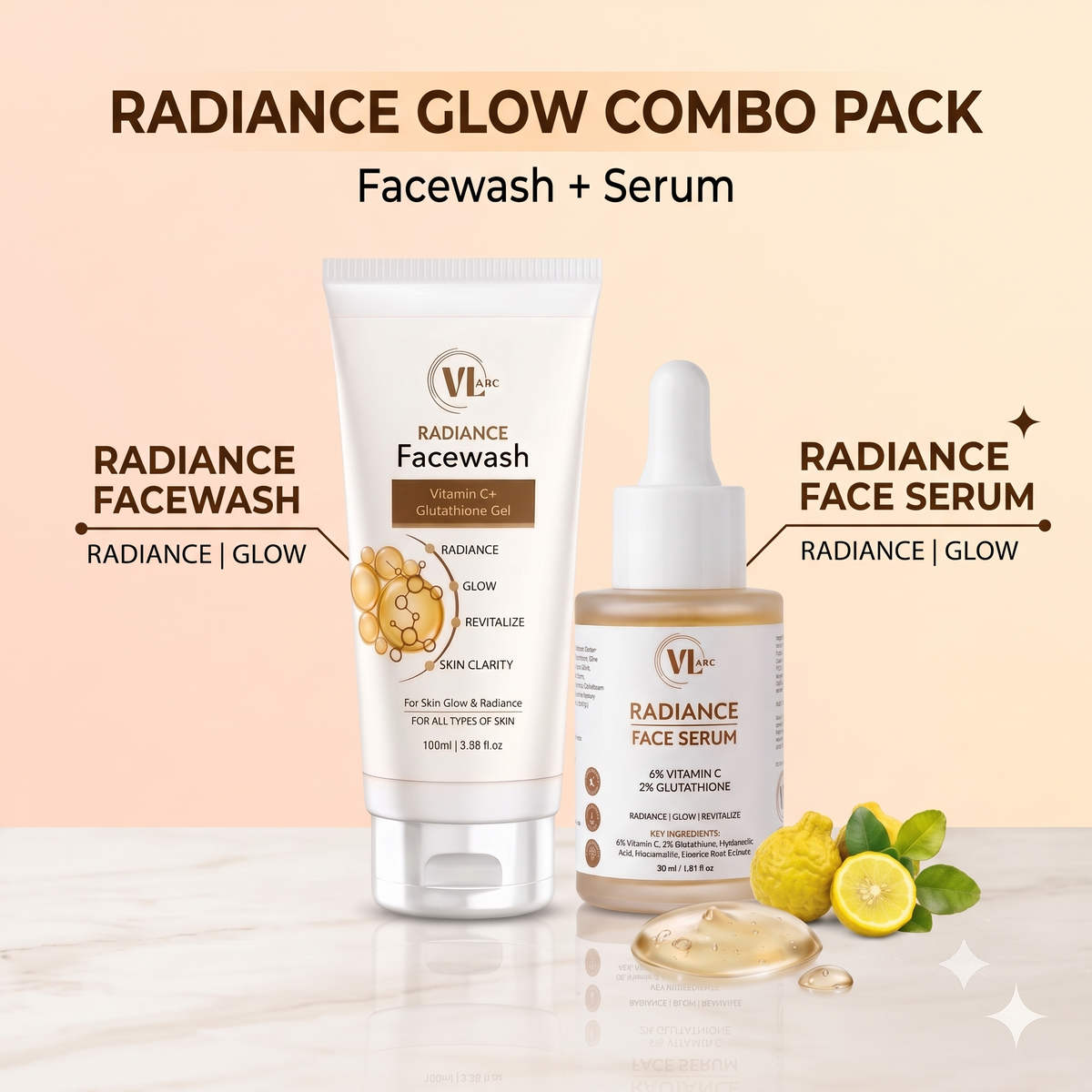 VL ARC Ultimate Skin Brightening Combo - Complete Vitamin C & Glutathione Skincare Routine (Face Wash 100ml + Serum 30ml)