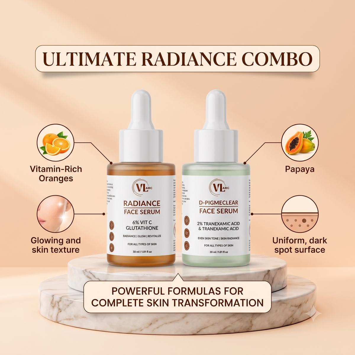 VLARC Ultimate Radiance Combo – 6% Vitamin C & Glutathione + 2% Tranexamic Acid Face Serum Duo for Dark Spots & Glowing Skin