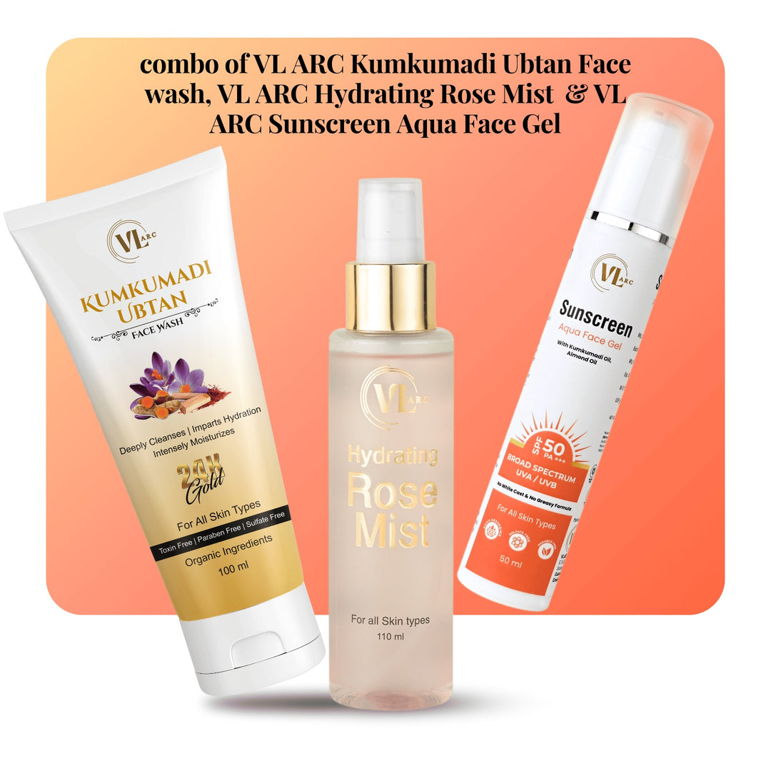 Combo of VL ARC Kumkumadi Ubtan Face wash 100ml, VL ARC Hydrating Rose Mist 110ml & VL ARC Sunscreen Aqua Face Gel 50ml