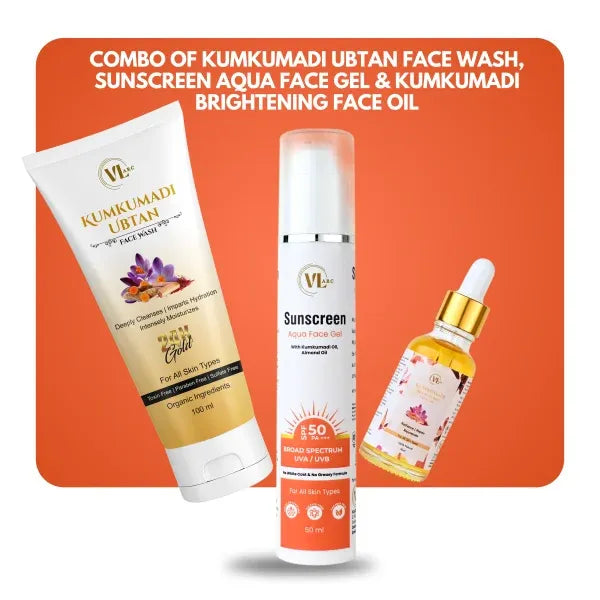 COMBO OF KUMKUMADI UBTAN FACE WASH, SUNSCREEN AQUA FACE GEL & KUMKUMADI BRIGHTENING FACE OIL