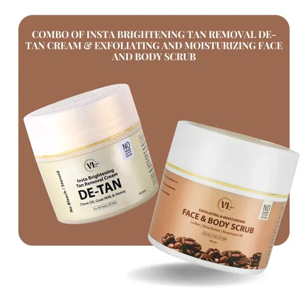 COMBO OF INSTA BRIGHTENING TAN REMOVAL DE-TAN CREAM & EXFOLIATING AND MOISTURIZING FACE AND BODY SCRUB